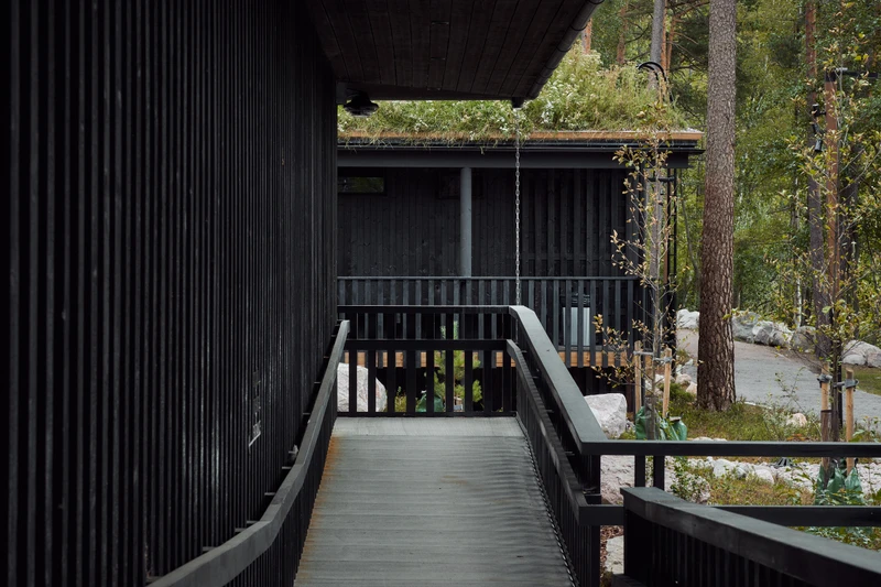 Kuusijärven saunojen ulkoverhoilu ja terassit hiilletystä puusta