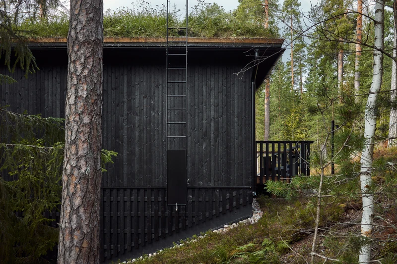 Kuusijärven saunojen ulkoverhoilu ja terassit hiilletystä puusta